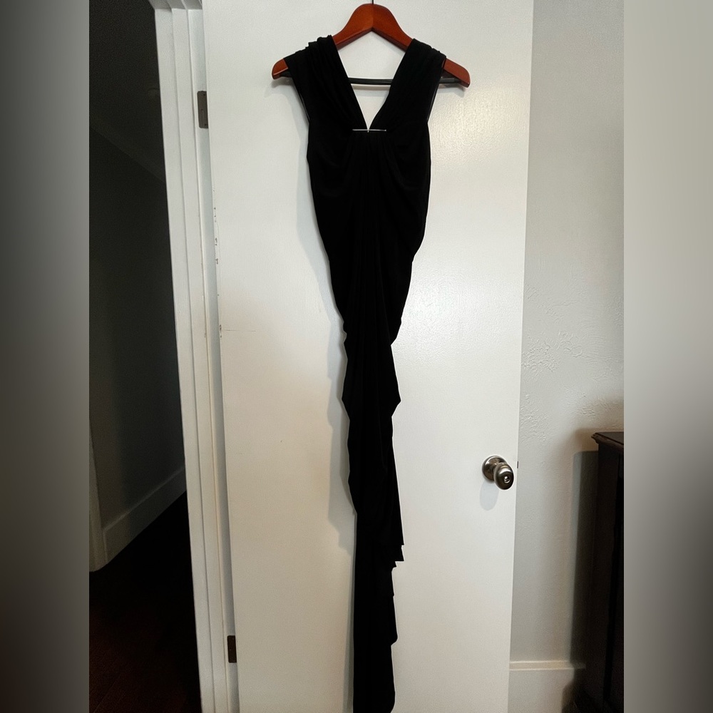 Lanvin Black Long Tight Maxi Dress with Zipper Rouching Detail in Back & Pin